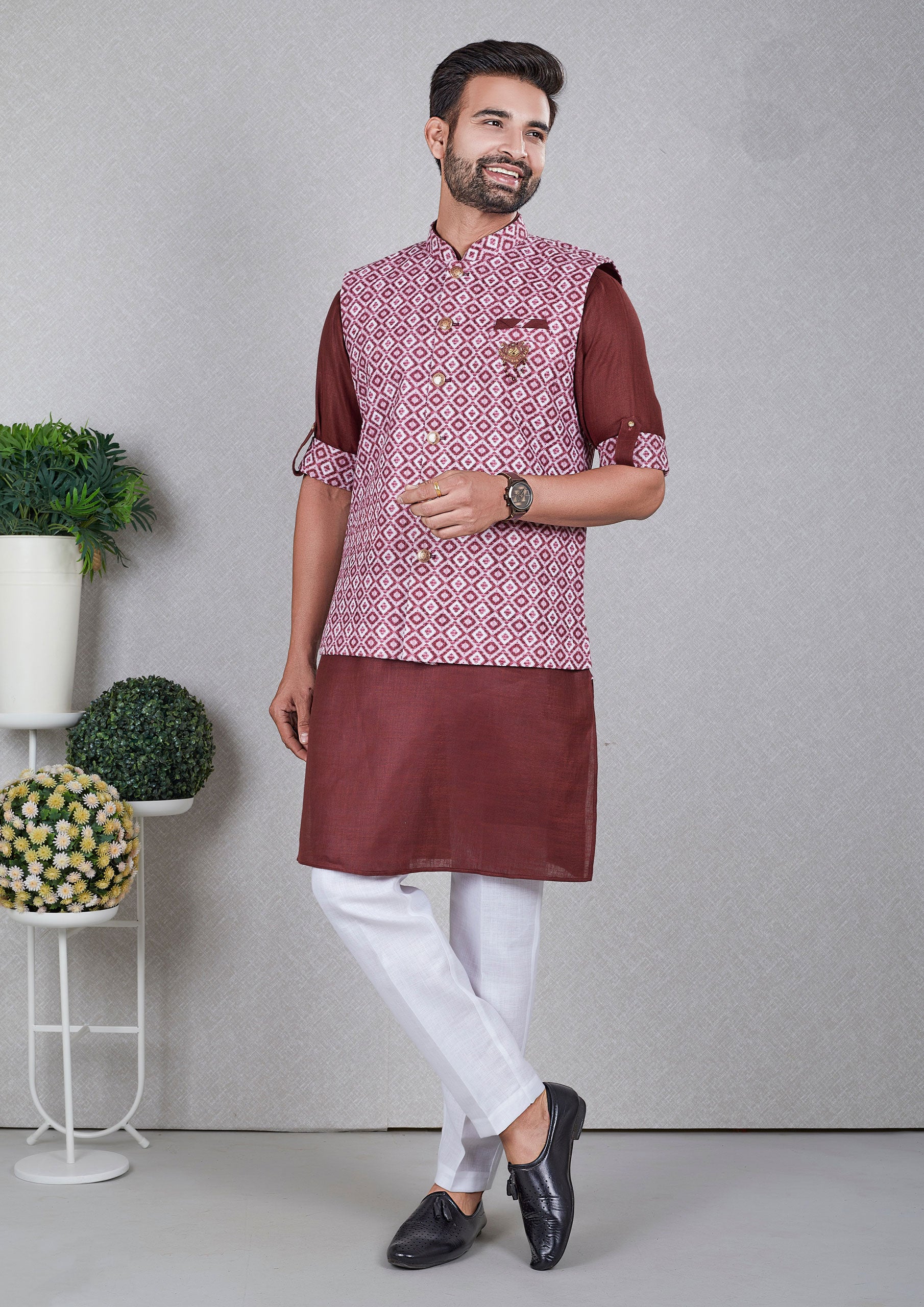 Brown Color Jacquard Silk Kurta With Printed Nehru Jacket
